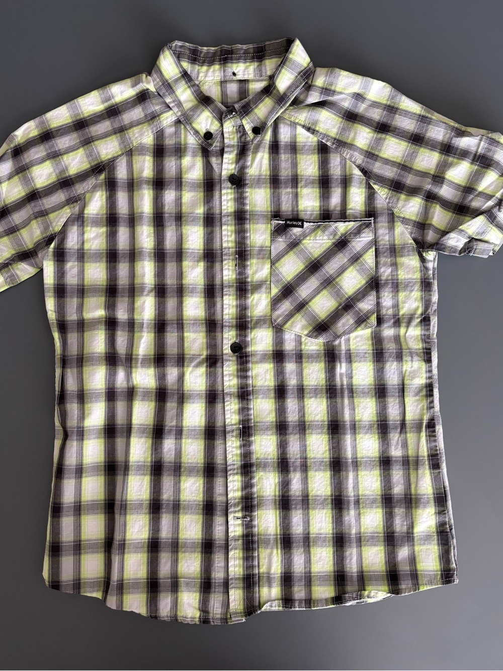 Hurley Short-Sleeve Plaid Button-Down Shirt - Black, Gray & Lime